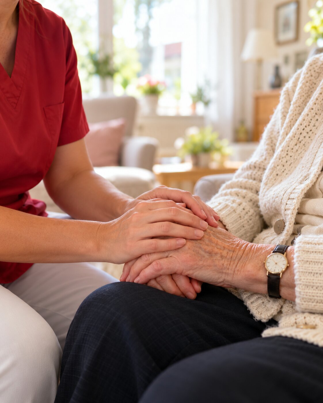 Pflegekraft hält die Hände einer Seniorin