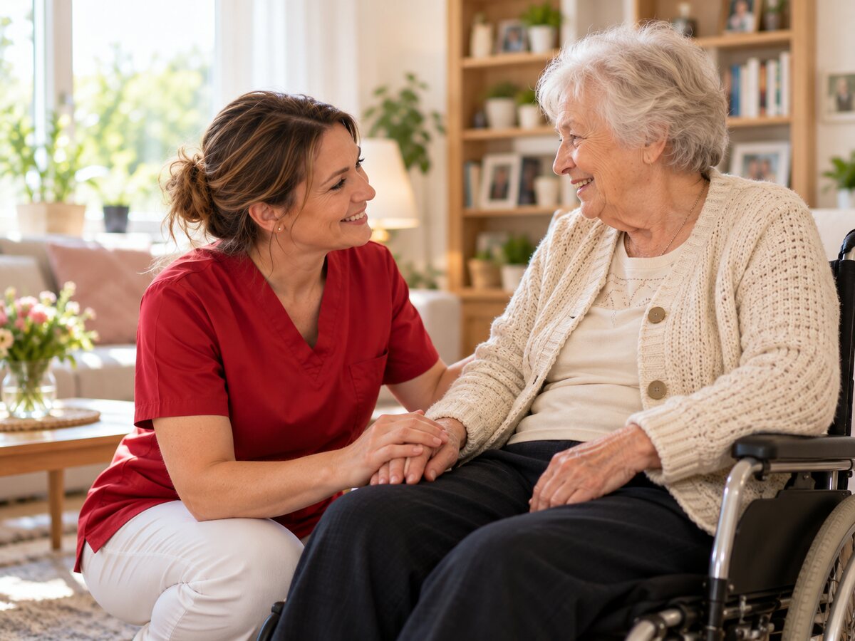 Pflegekraft unterstützt Seniorin im Rollstuhl